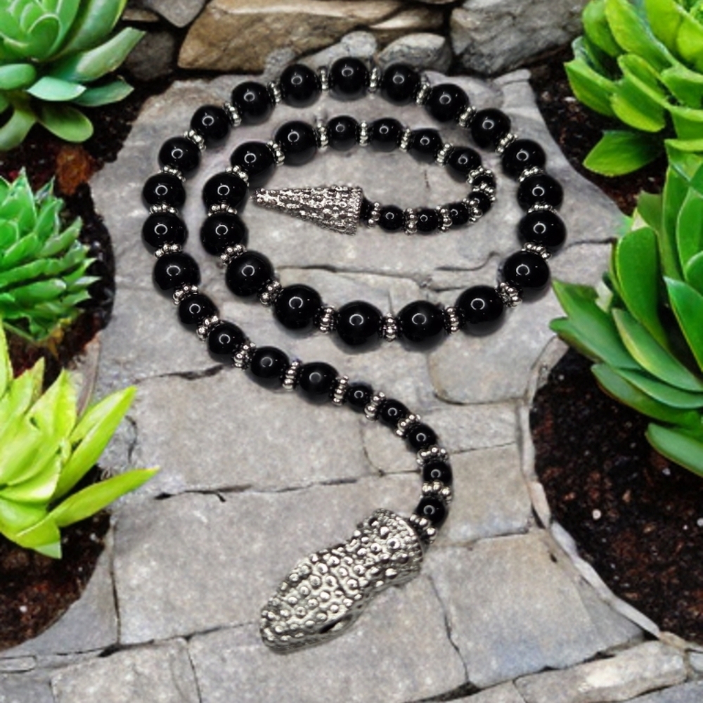 Sculptural Onyx Beaded Snake Serpent Statement Necklace - Picture 3 of 5